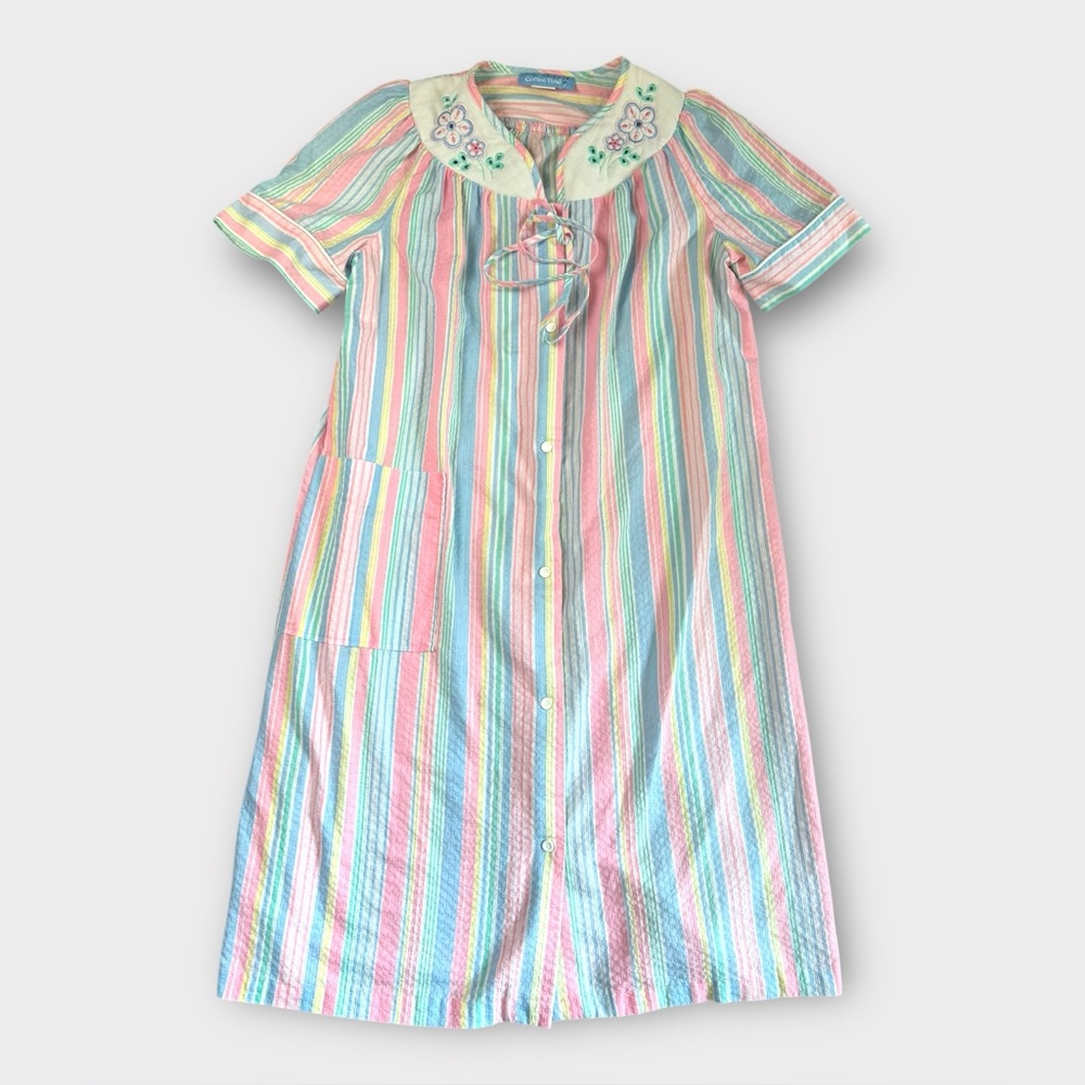 Coffee Time Vintage Seersucker House Dress Pastel Striped Floral Collar‎ Small